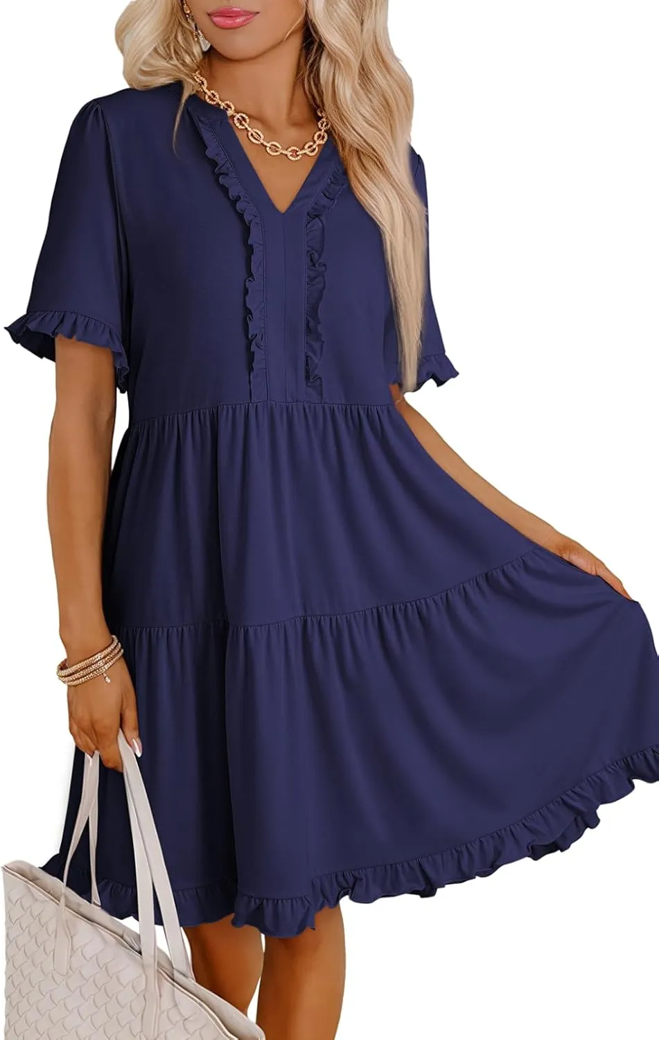 Dokotoo Womens Dresses 2025 Summer Spring V Neck Short Sleeve Casual A Line Flowy Swing Shift Dress Mini Dress