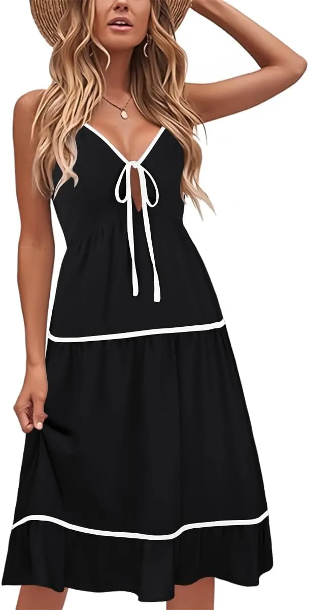 ECOWISH Women 2025 Summer Dresses Tie Front V-Neck Spaghetti Strap Button Down A-Line Backless Swing Midi Dress
