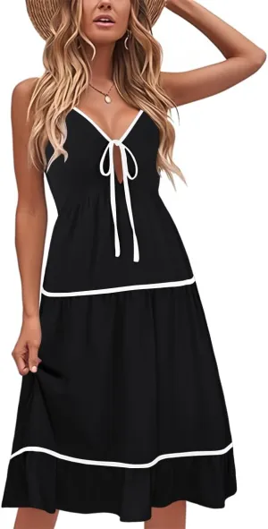 ECOWISH Women 2025 Summer Dresses Tie Front V-Neck Spaghetti Strap Button Down A-Line Backless Swing Midi Dress