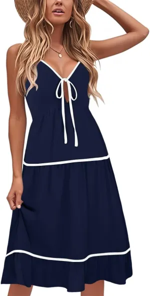 ECOWISH Women 2025 Summer Dresses Tie Front V-Neck Spaghetti Strap Button Down A-Line Backless Swing Midi Dress