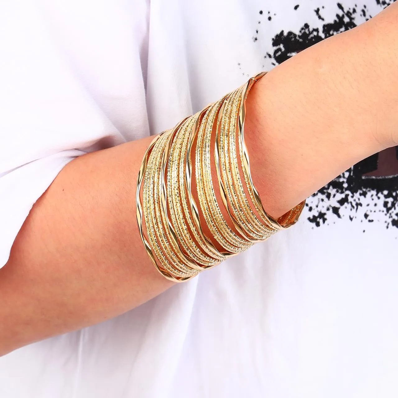 Eigso Mutli Layered Gold Indian Bracelet Cuff Bangle for Women Men Vintage Stackable Textured Bohemian Wristlets for Woman Man