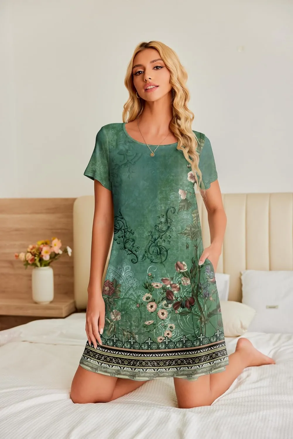 Ekouaer Women's Nightgown Short Sleeve Sleep Shirt Round Neck T-shirt Dress Soft Nightdress with 2 Pockets S-3XL