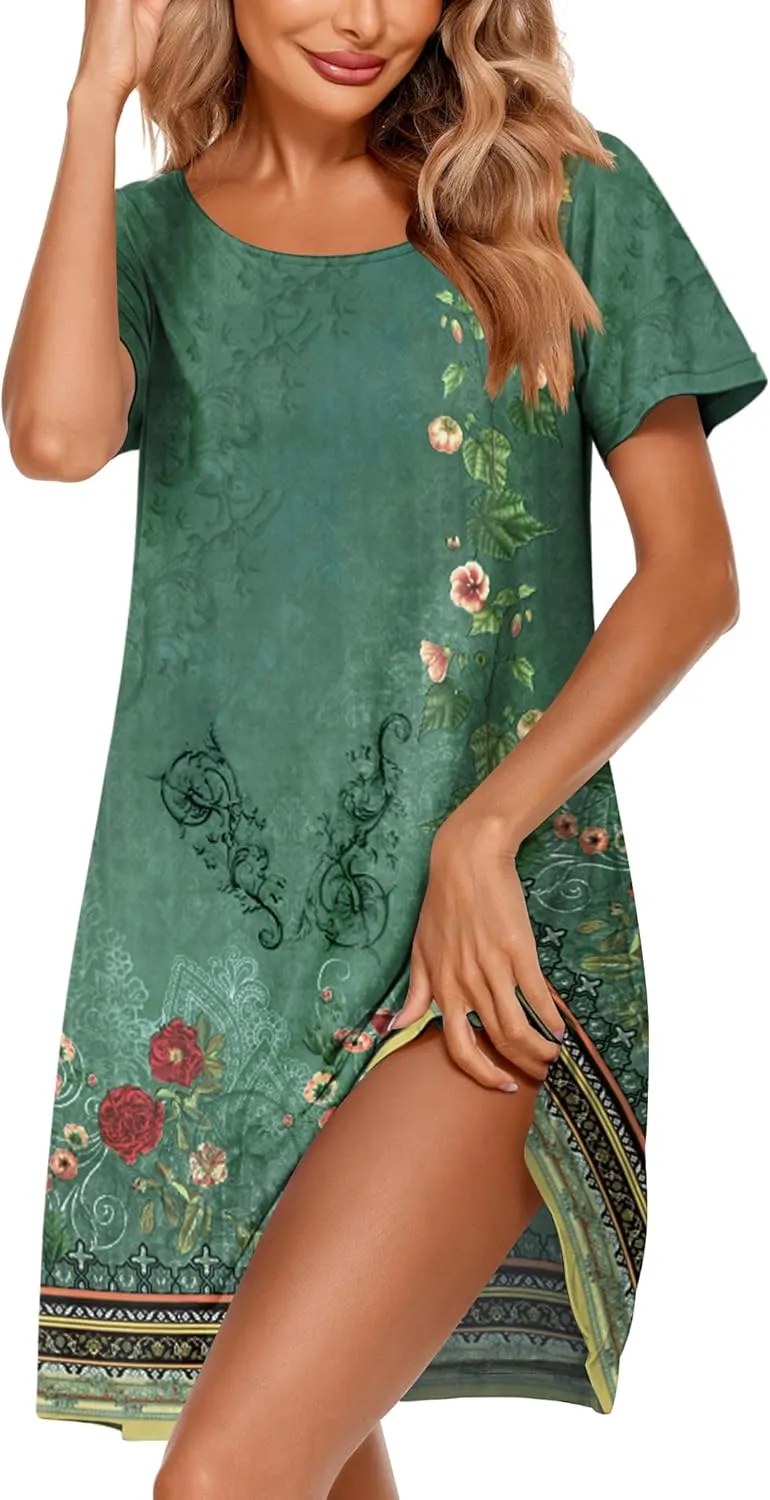 Ekouaer Women's Nightgown Short Sleeve Sleep Shirt Round Neck T-shirt Dress Soft Nightdress with 2 Pockets S-3XL