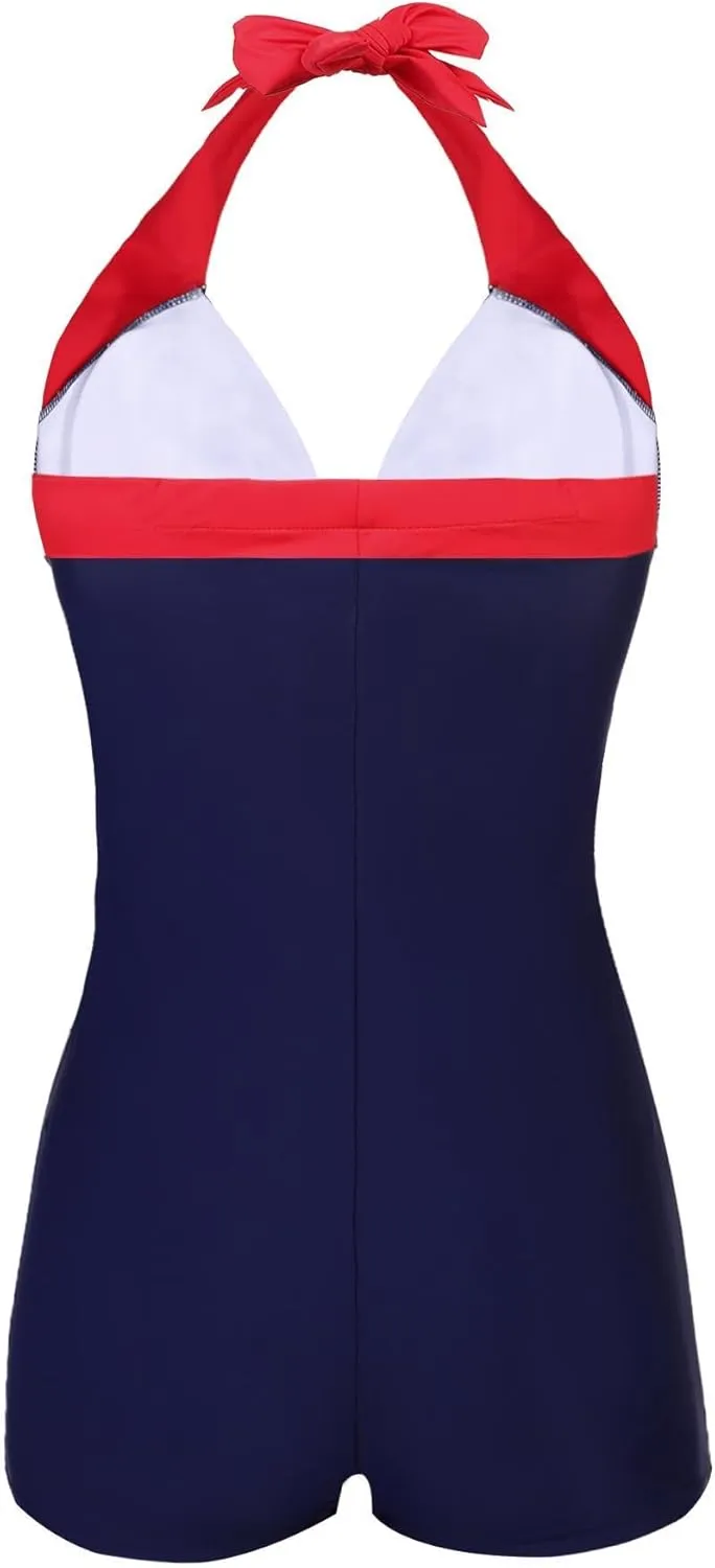 Ekouaer Womens One Piece Swimsuits Vintage Striped Skirt Bathing Suit Vintage Retro Push Up Swimwear