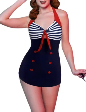 Ekouaer Womens One Piece Swimsuits Vintage Striped Skirt Bathing Suit Vintage Retro Push Up Swimwear