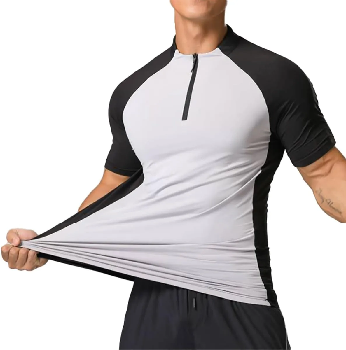 Elastic Workout Gym Muscle Shorts Sleeve Shirts Quick Dry Zipper Cycling T-Shirts for Men T71