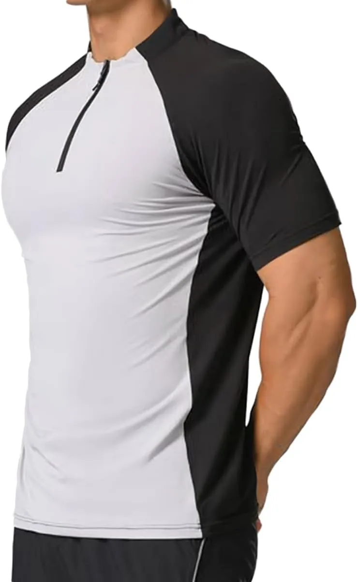 Elastic Workout Gym Muscle Shorts Sleeve Shirts Quick Dry Zipper Cycling T-Shirts for Men T71