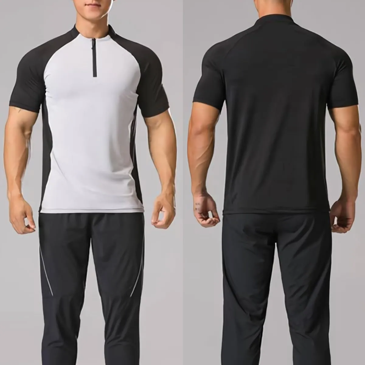 Elastic Workout Gym Muscle Shorts Sleeve Shirts Quick Dry Zipper Cycling T-Shirts for Men T71