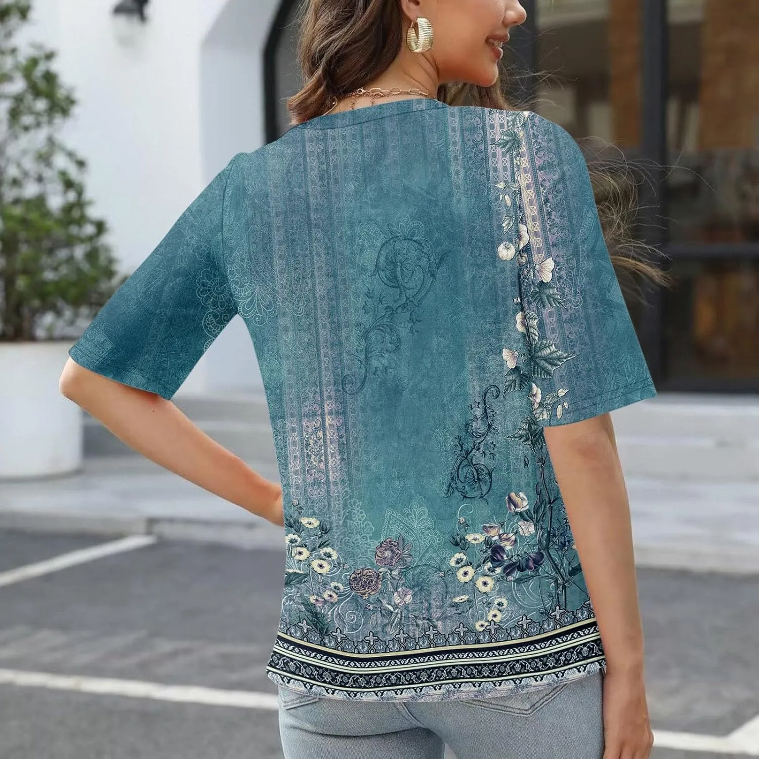Elbow Sleeve Tops Women Womens Summer Half Sleeve V Neck Shirts Casual Loose Fit Printed Elbow Length Sleeve Blouses