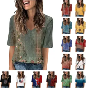 Elbow Sleeve Tops Women Womens Summer Half Sleeve V Neck Shirts Casual Loose Fit Printed Elbow Length Sleeve Blouses
