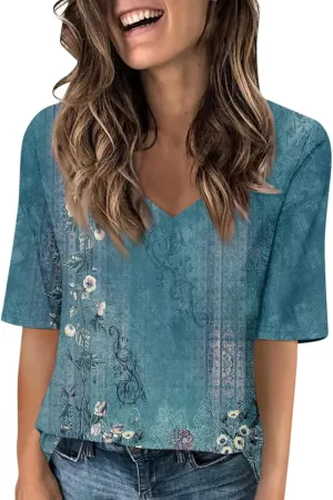 Elbow Sleeve Tops Women Womens Summer Half Sleeve V Neck Shirts Casual Loose Fit Printed Elbow Length Sleeve Blouses