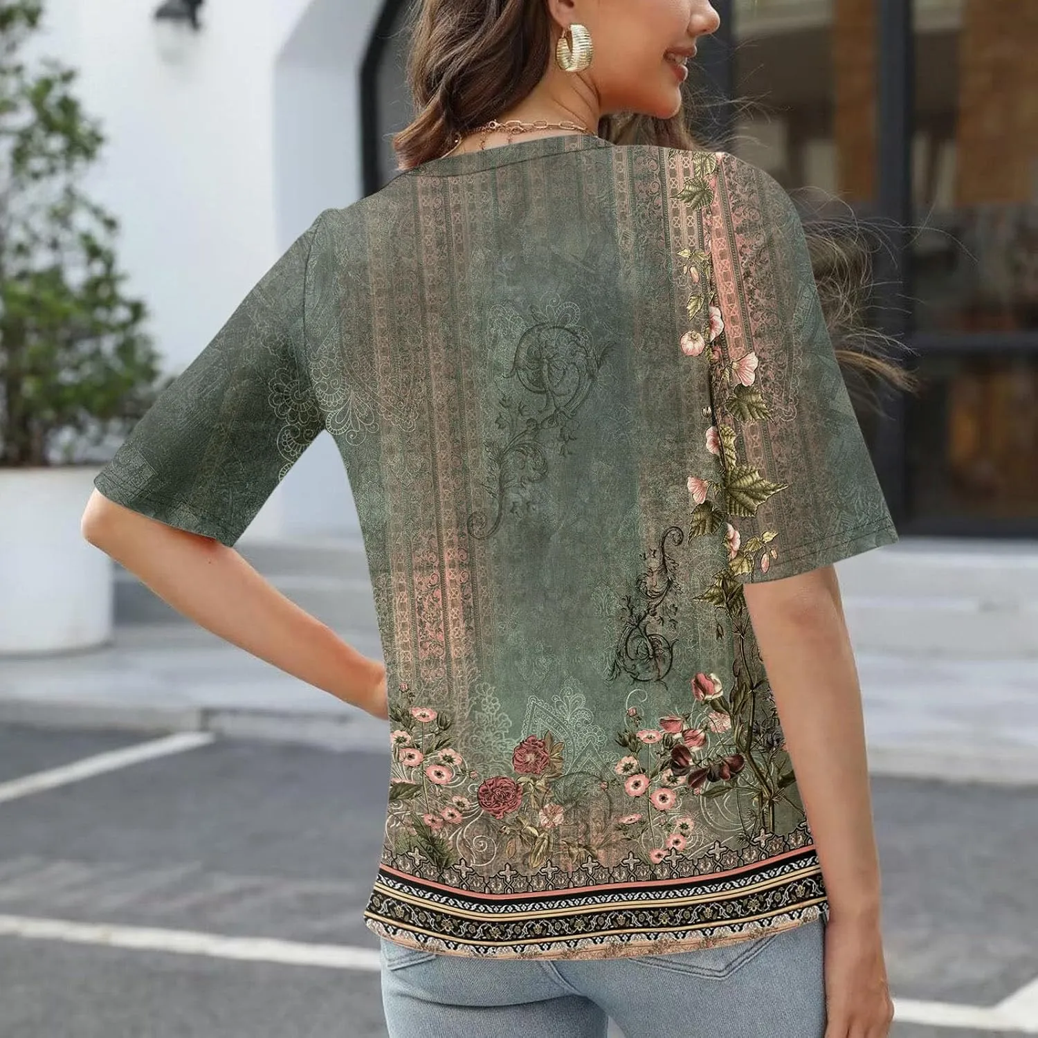 Elbow Sleeve Tops Women Womens Summer Half Sleeve V Neck Shirts Casual Loose Fit Printed Elbow Length Sleeve Blouses