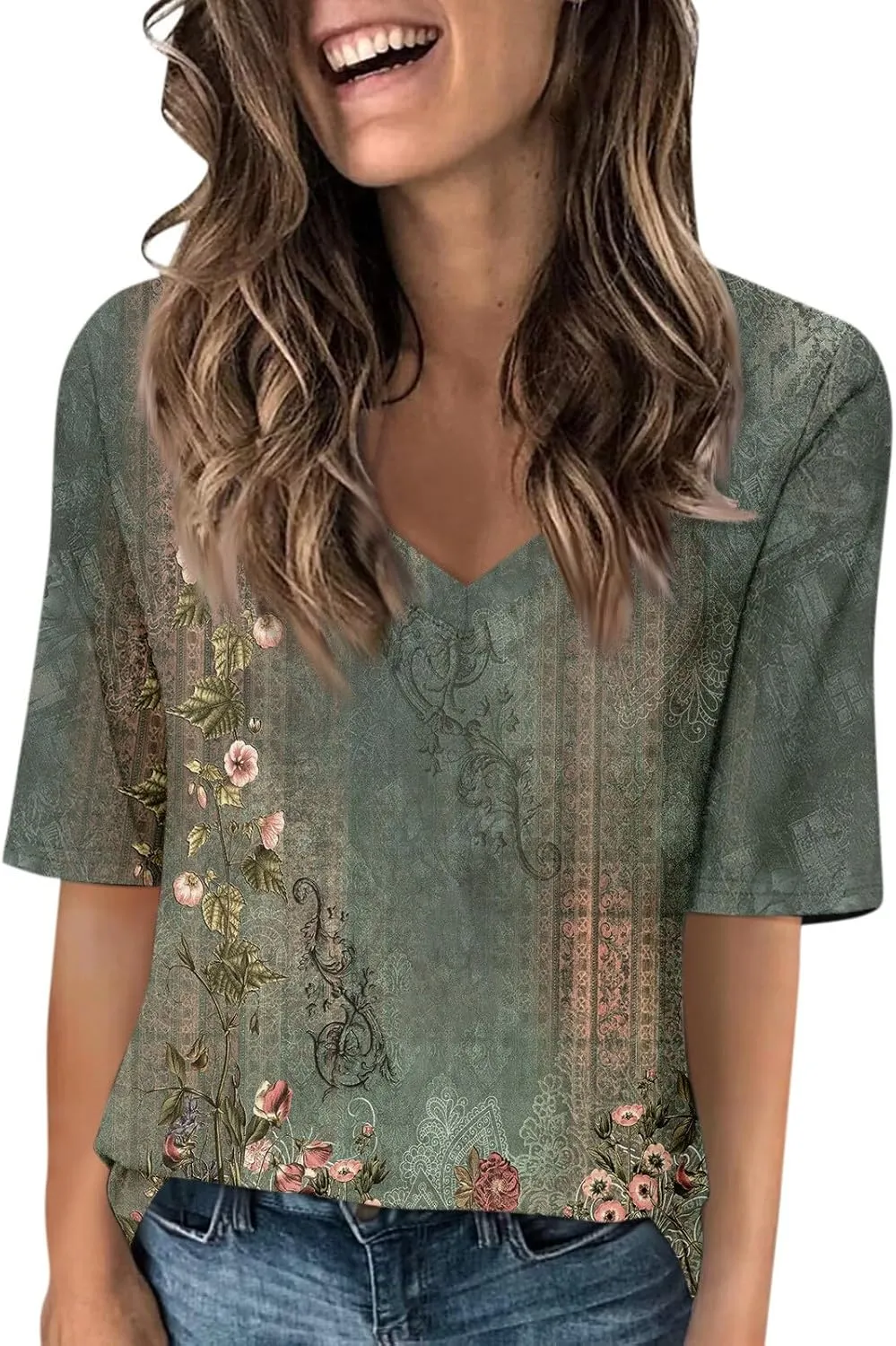 Elbow Sleeve Tops Women Womens Summer Half Sleeve V Neck Shirts Casual Loose Fit Printed Elbow Length Sleeve Blouses