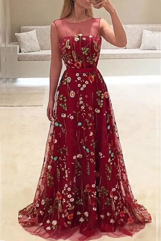 Elegant Burgundy Long A-line Sleeveless Prom with Flowers New Party Dress