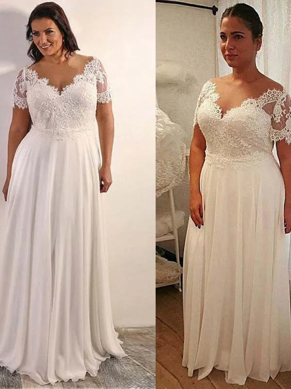 Elegant Half Sleeves V-Neck Lace A-Line Wedding Dresses