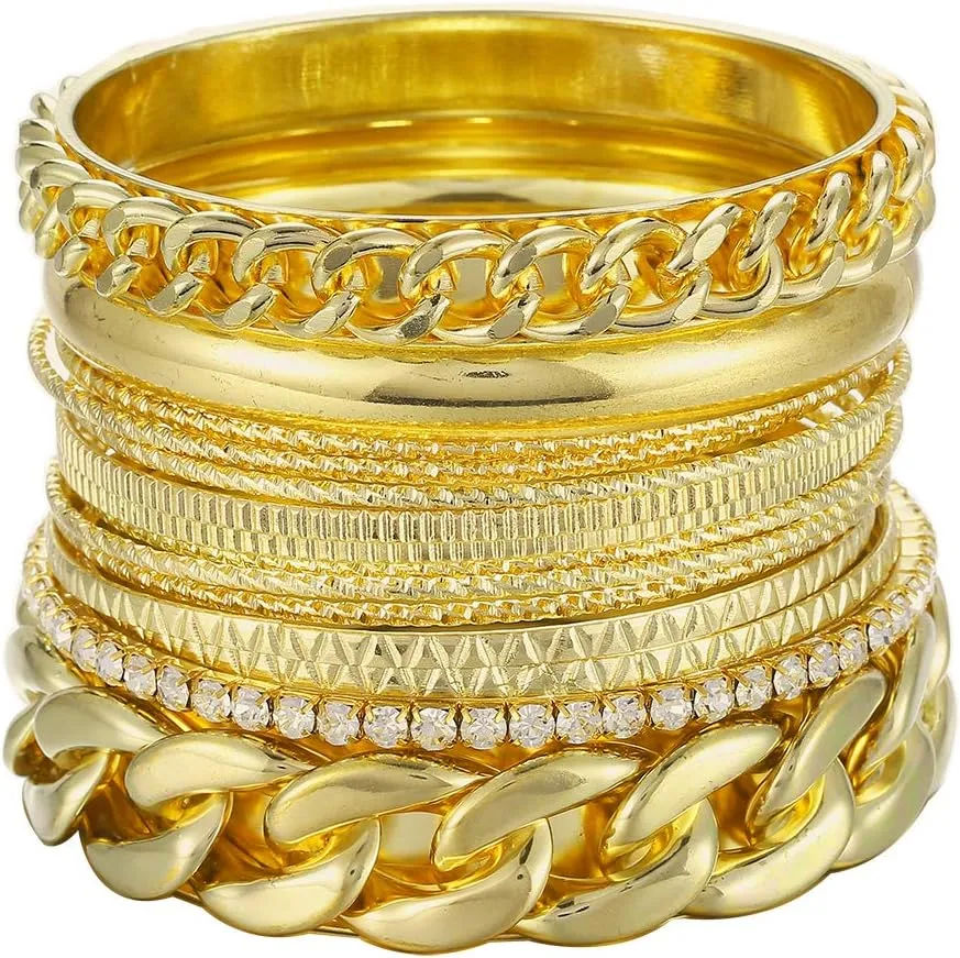Ensoul Multiple Textured Metal Bracelets & Bangles Set 14Pcs/Set W/Clear Rhinestones