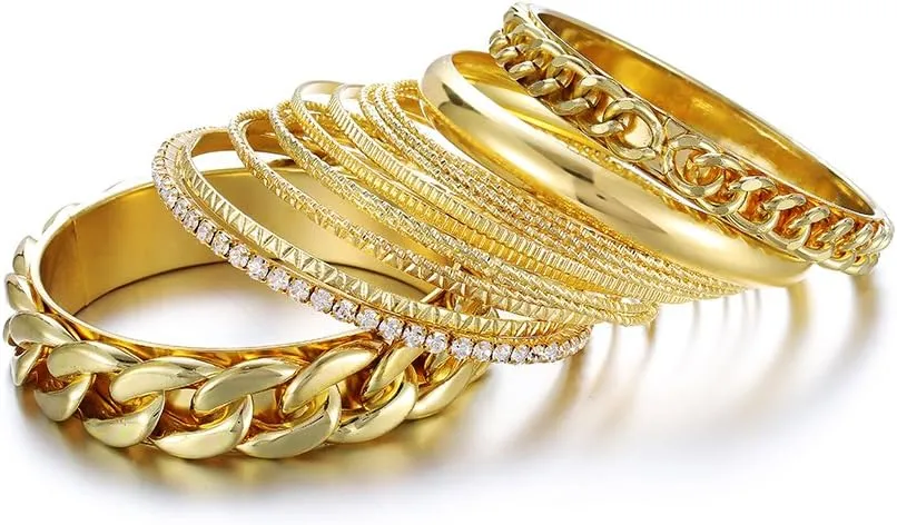 Ensoul Multiple Textured Metal Bracelets & Bangles Set 14Pcs/Set W/Clear Rhinestones