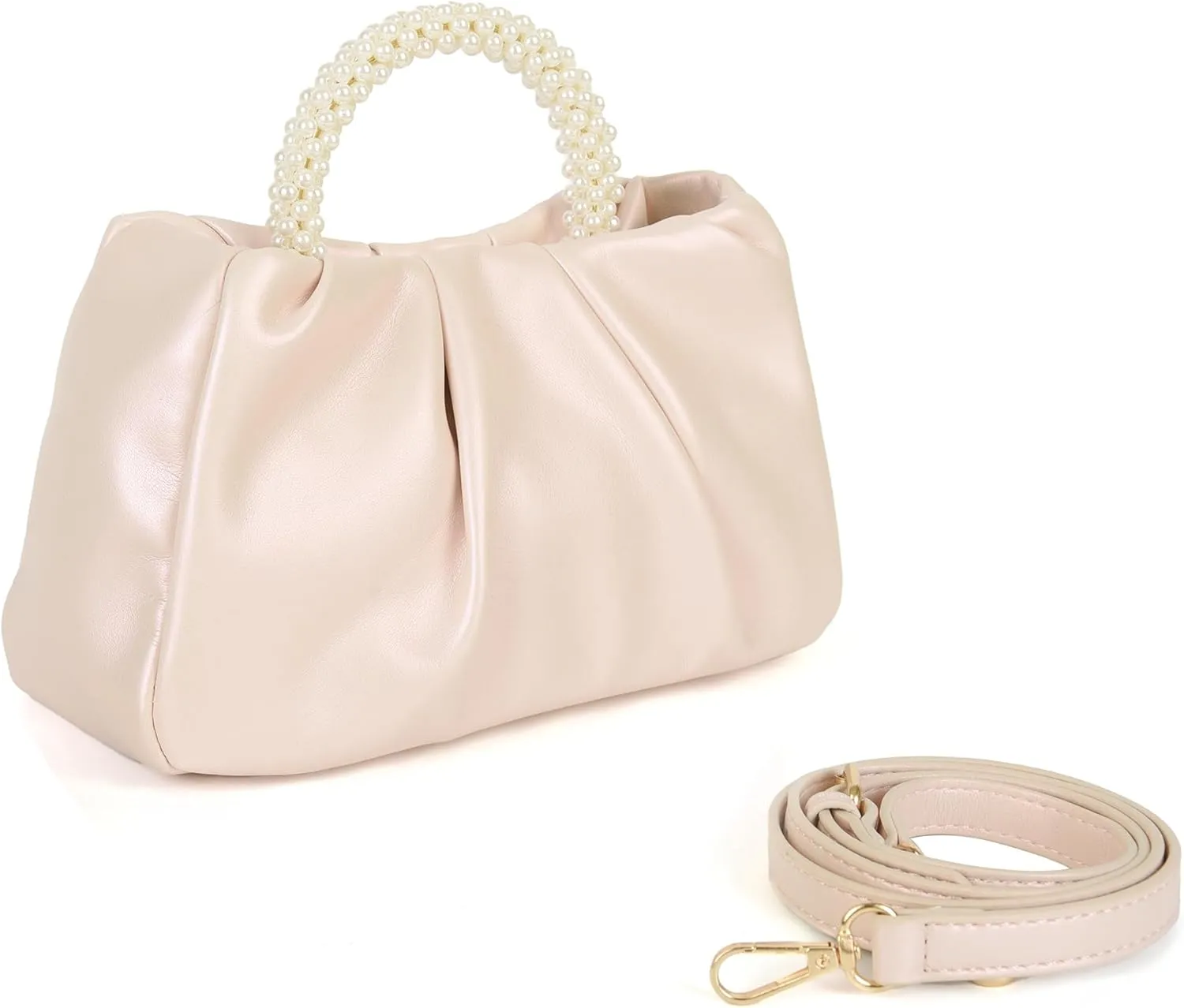 Evening Clutch Purse for Women Pearl Ruched Shoulder Bag Soft Genuine Leather Crossbody Bag for Wedding