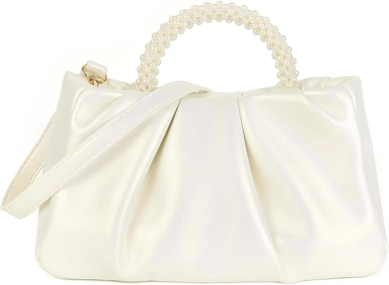 Evening Clutch Purse for Women Pearl Ruched Shoulder Bag Soft Genuine Leather Crossbody Bag for Wedding
