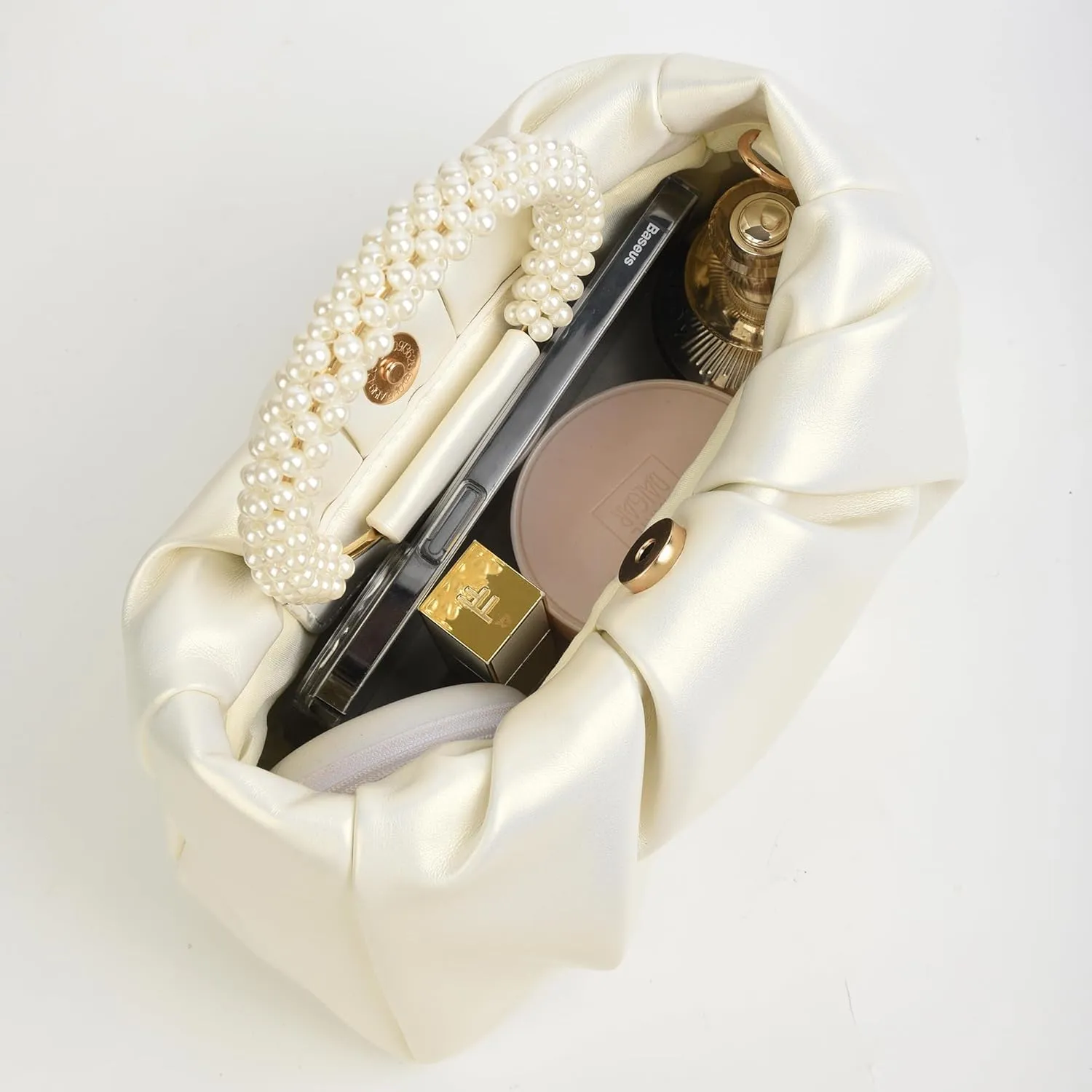 Evening Clutch Purse for Women Pearl Ruched Shoulder Bag Soft Genuine Leather Crossbody Bag for Wedding