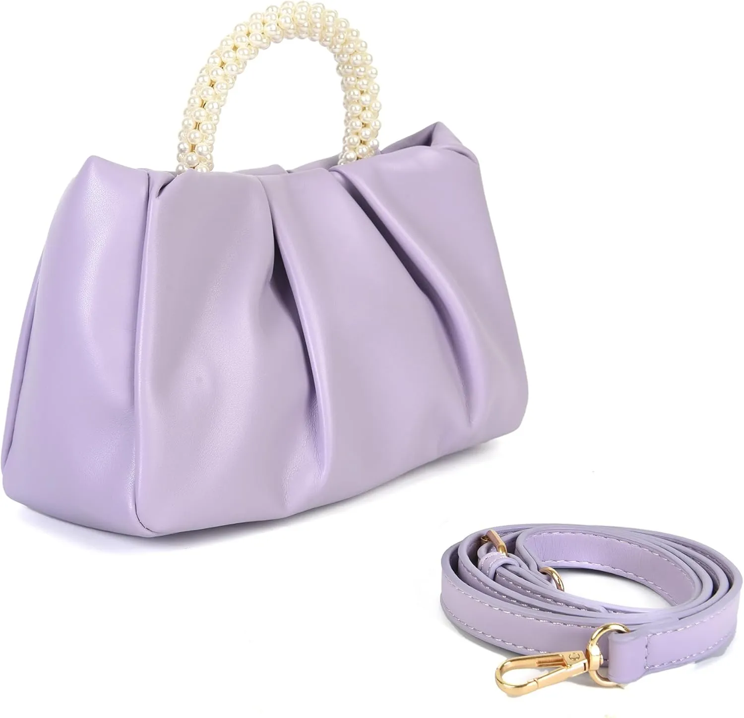 Evening Clutch Purse for Women Pearl Ruched Shoulder Bag Soft Genuine Leather Crossbody Bag for Wedding