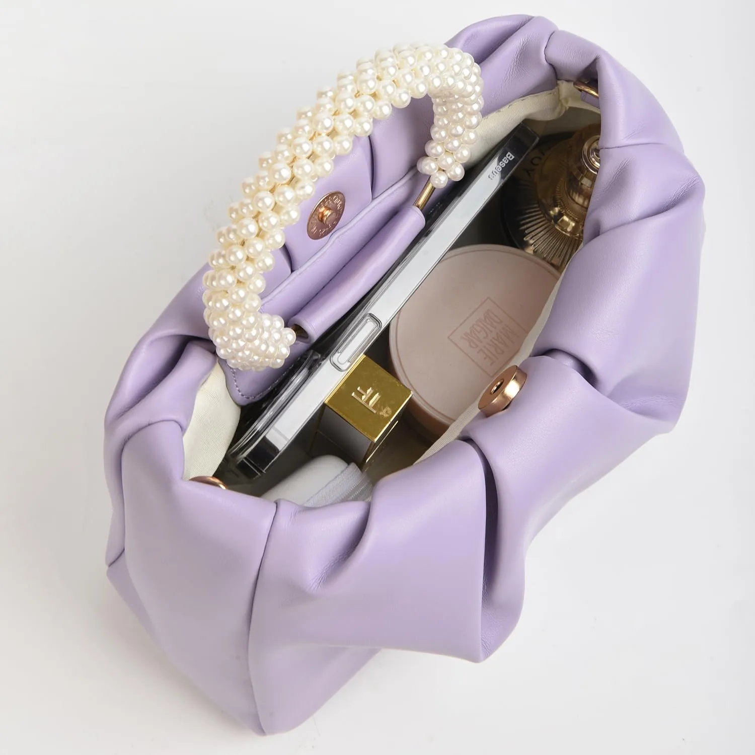 Evening Clutch Purse for Women Pearl Ruched Shoulder Bag Soft Genuine Leather Crossbody Bag for Wedding