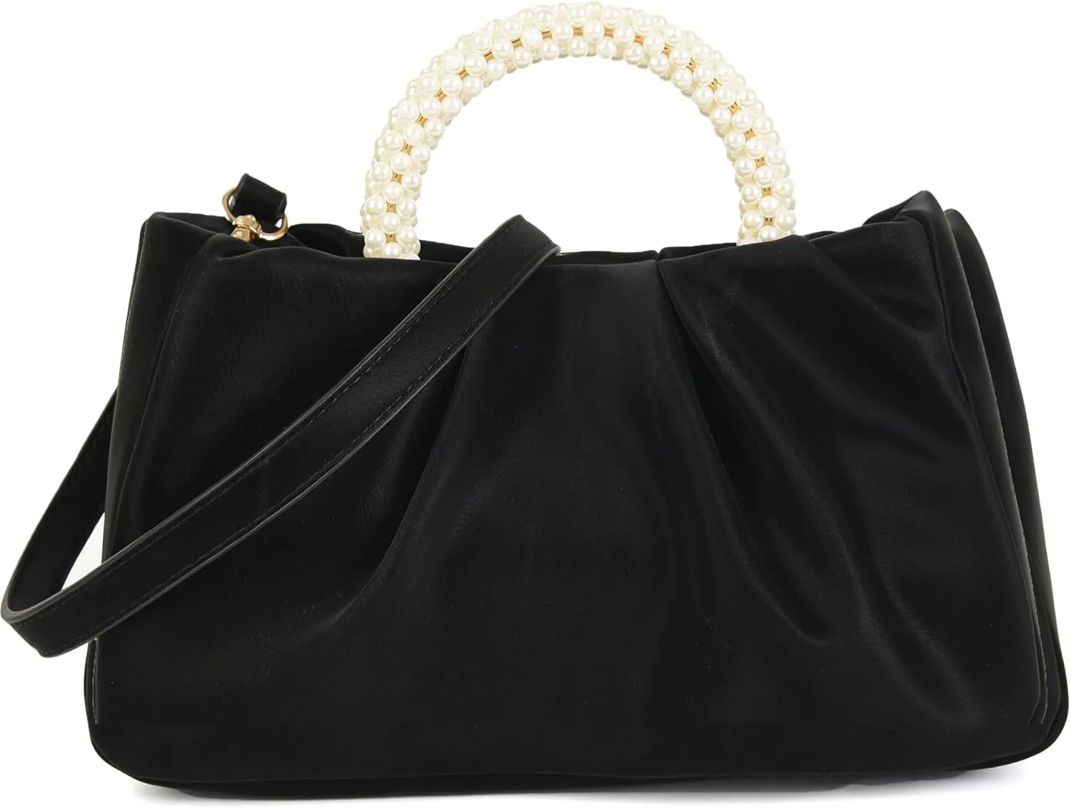Evening Clutch Purse for Women Pearl Ruched Shoulder Bag Soft Genuine Leather Crossbody Bag for Wedding