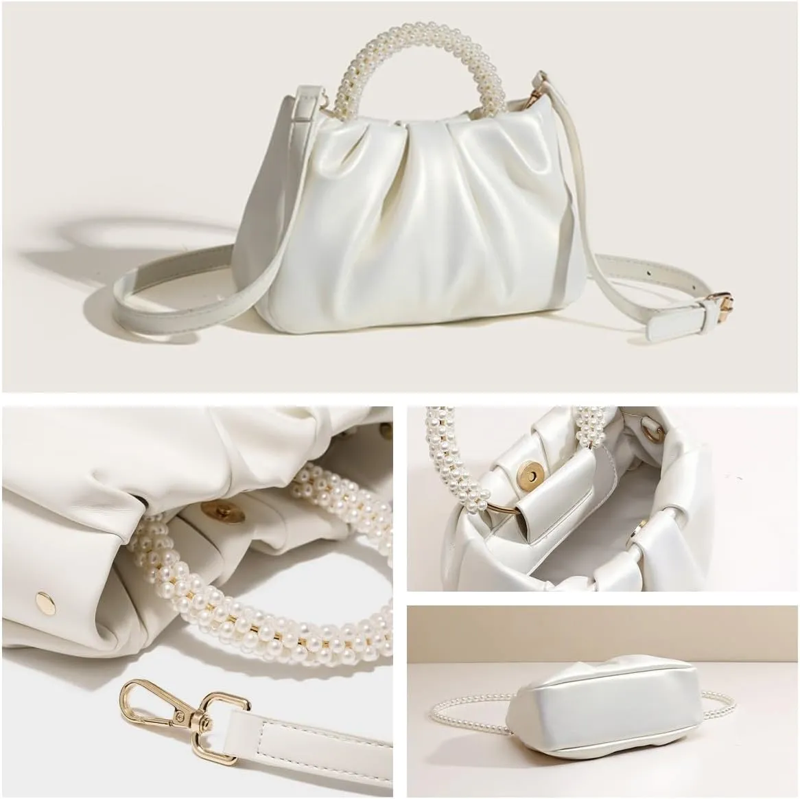 Evening Clutch Purse for Women Pearl Ruched Shoulder Bag Soft Genuine Leather Crossbody Bag for Wedding