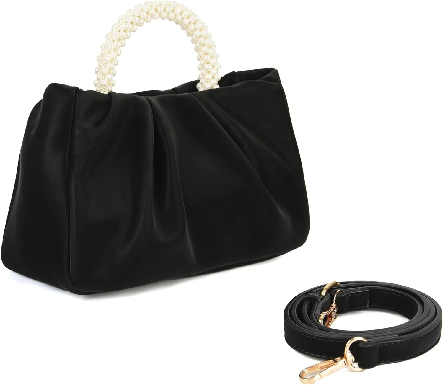 Evening Clutch Purse for Women Pearl Ruched Shoulder Bag Soft Genuine Leather Crossbody Bag for Wedding