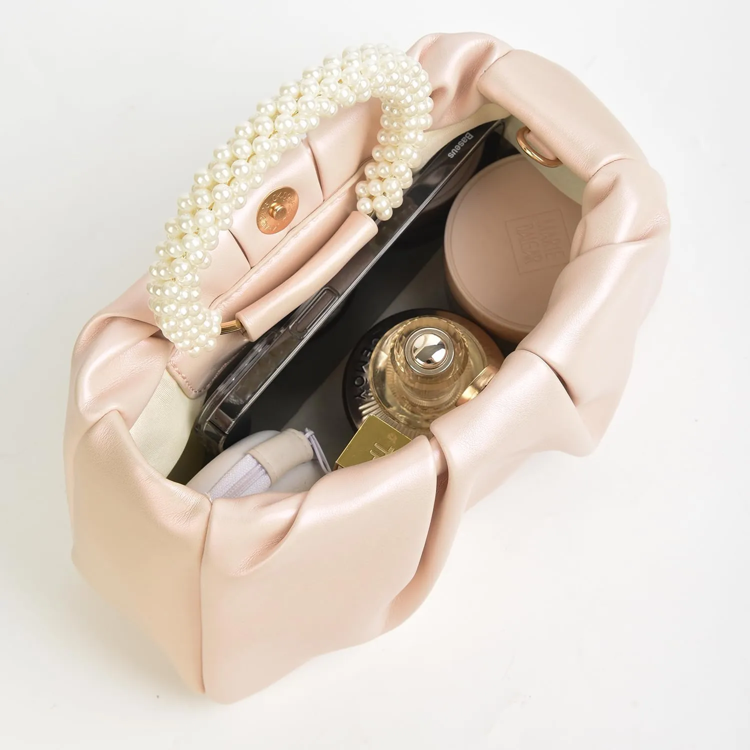 Evening Clutch Purse for Women Pearl Ruched Shoulder Bag Soft Genuine Leather Crossbody Bag for Wedding