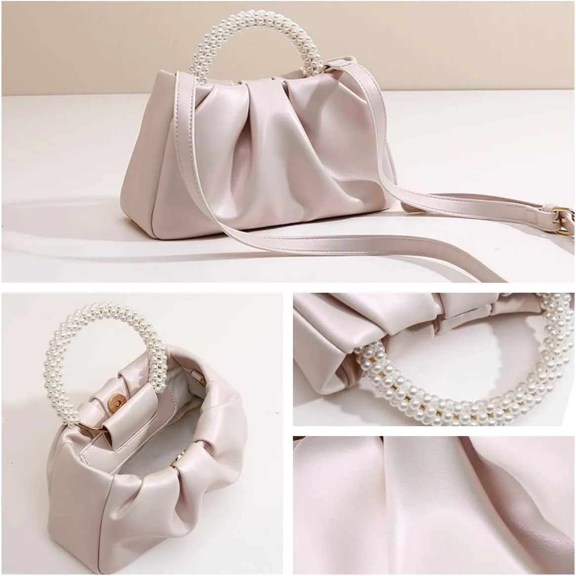 Evening Clutch Purse for Women Pearl Ruched Shoulder Bag Soft Genuine Leather Crossbody Bag for Wedding