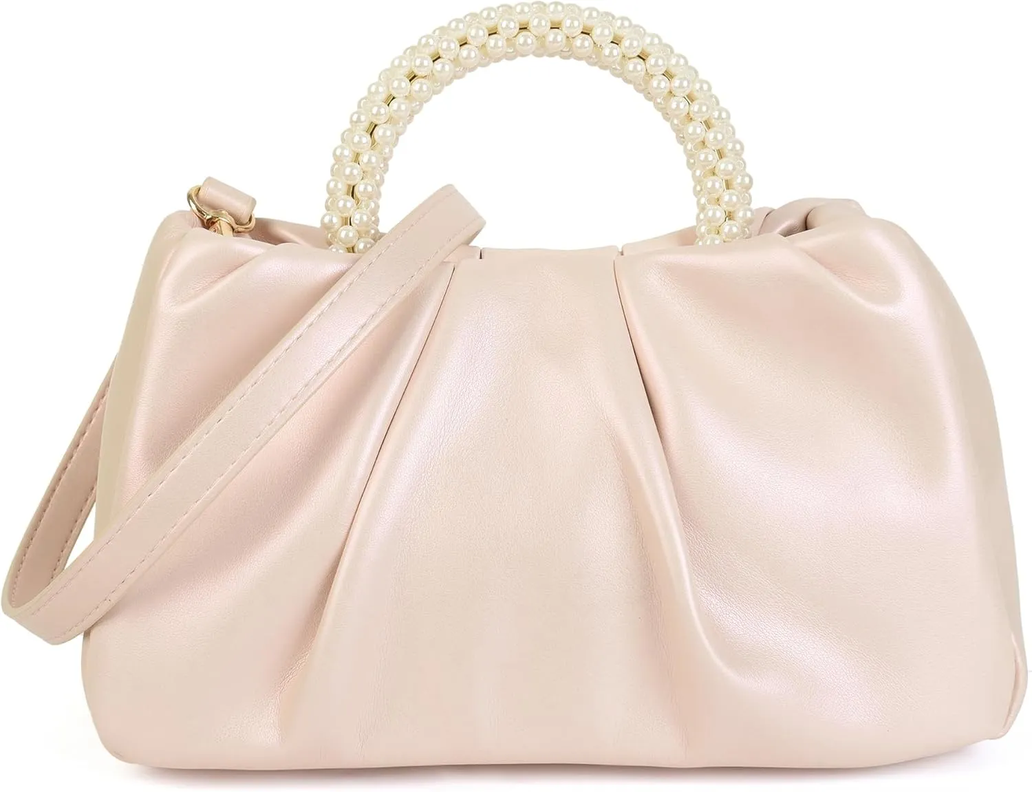 Evening Clutch Purse for Women Pearl Ruched Shoulder Bag Soft Genuine Leather Crossbody Bag for Wedding