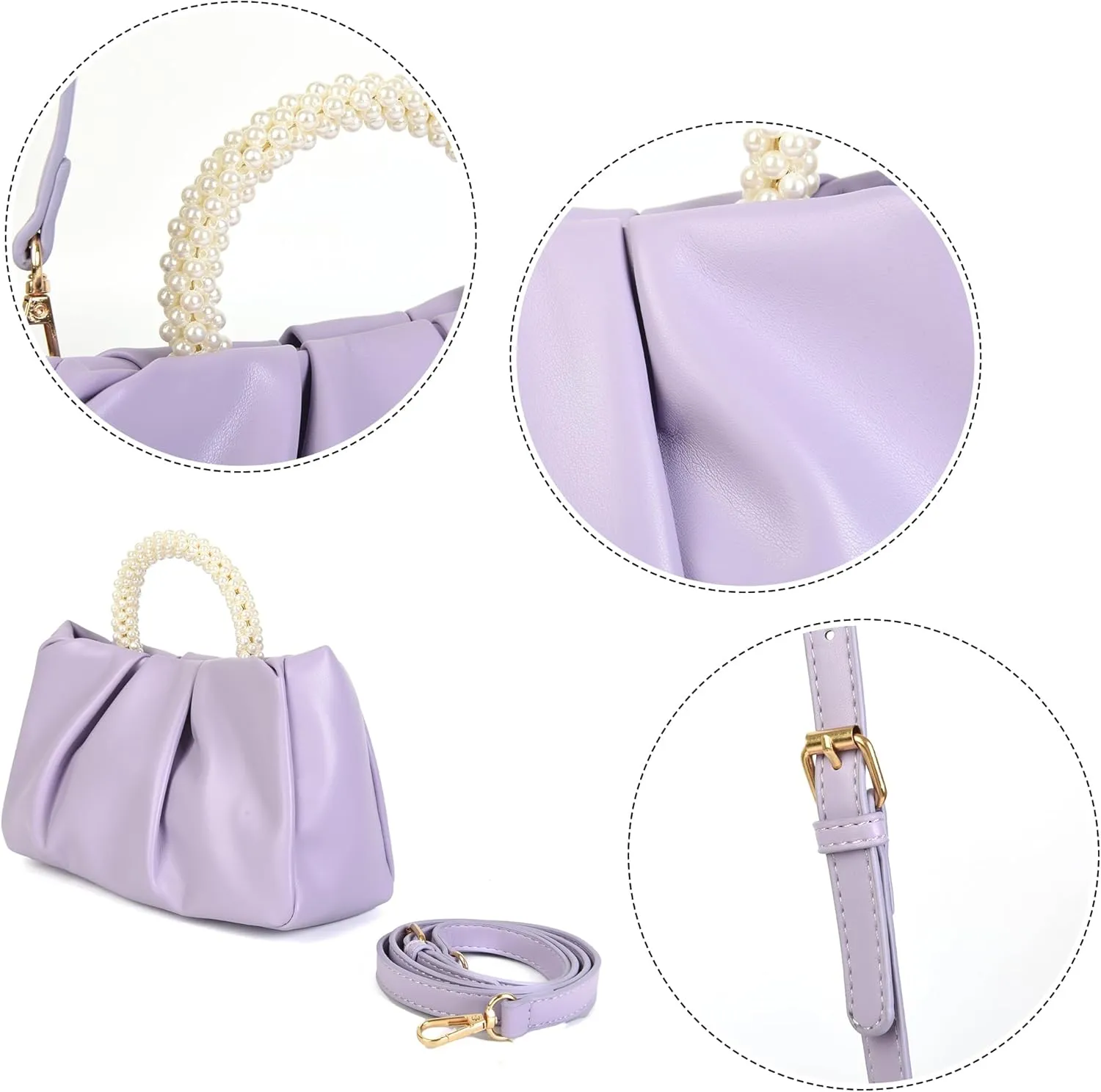 Evening Clutch Purse for Women Pearl Ruched Shoulder Bag Soft Genuine Leather Crossbody Bag for Wedding