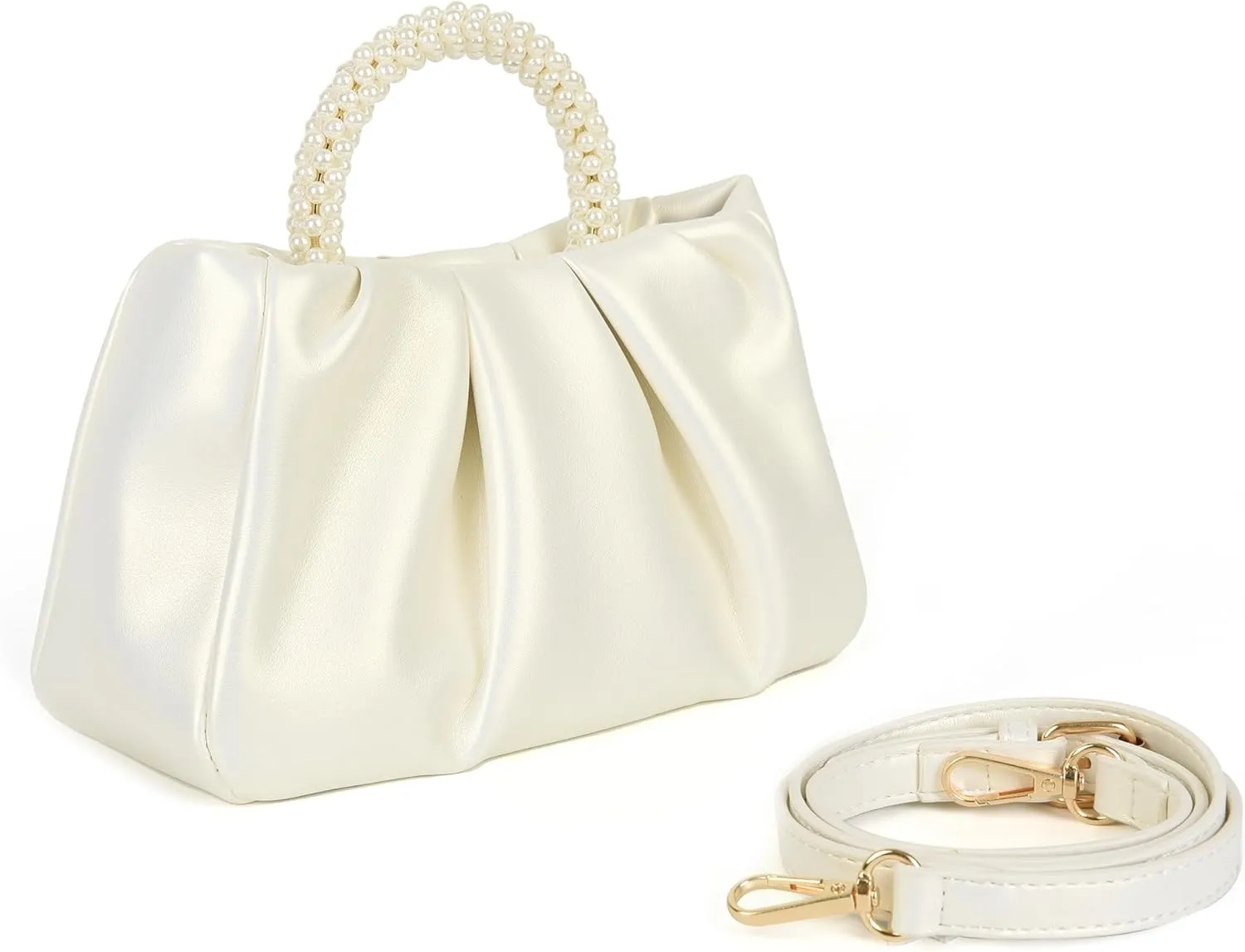 Evening Clutch Purse for Women Pearl Ruched Shoulder Bag Soft Genuine Leather Crossbody Bag for Wedding