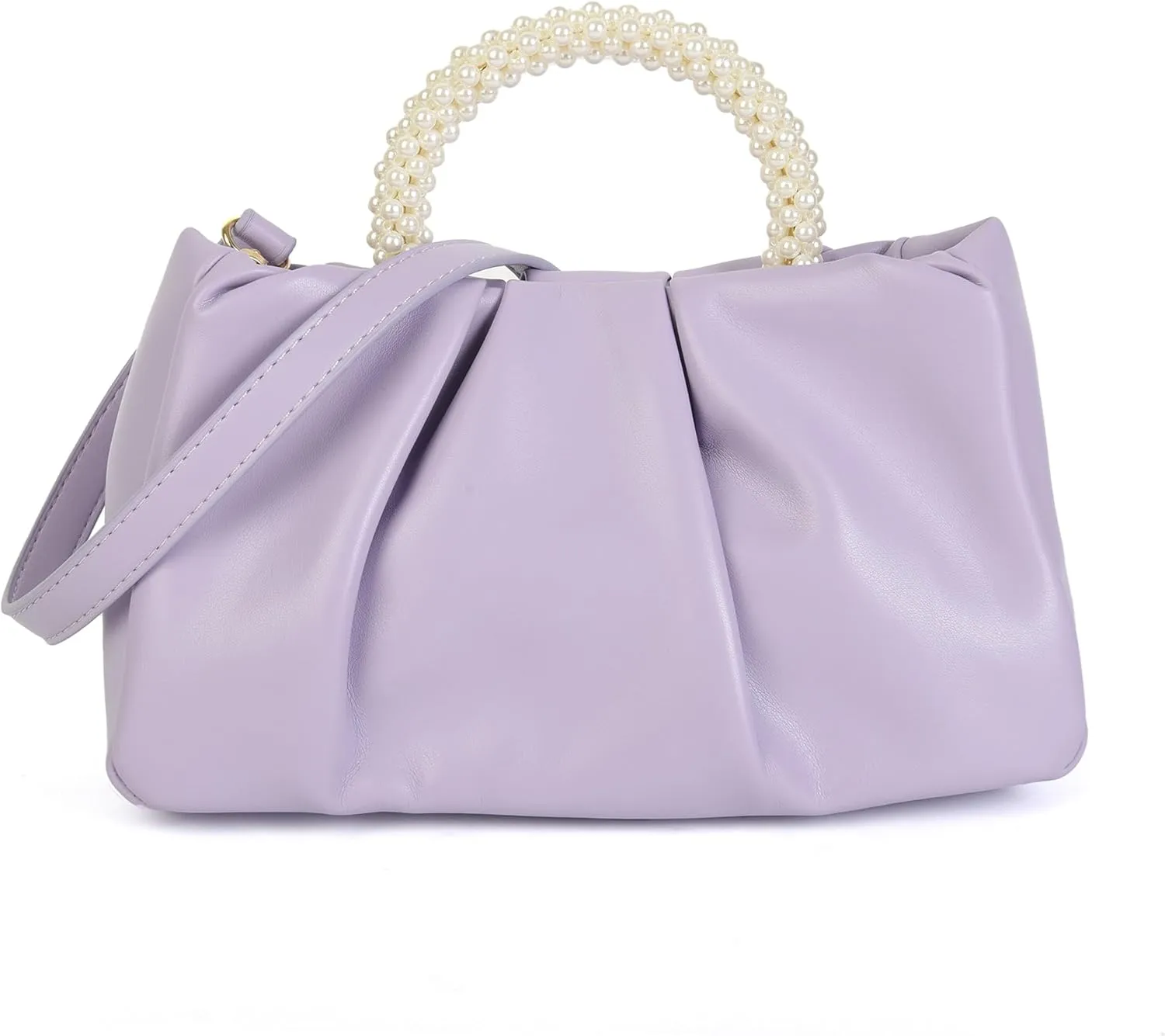 Evening Clutch Purse for Women Pearl Ruched Shoulder Bag Soft Genuine Leather Crossbody Bag for Wedding
