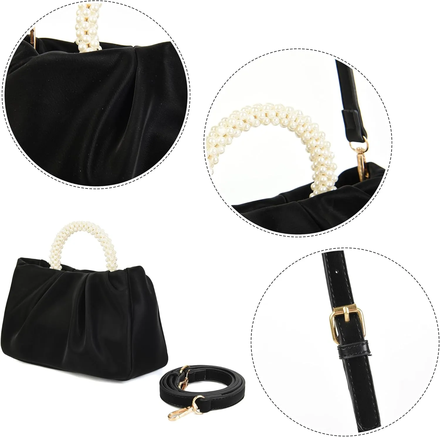 Evening Clutch Purse for Women Pearl Ruched Shoulder Bag Soft Genuine Leather Crossbody Bag for Wedding