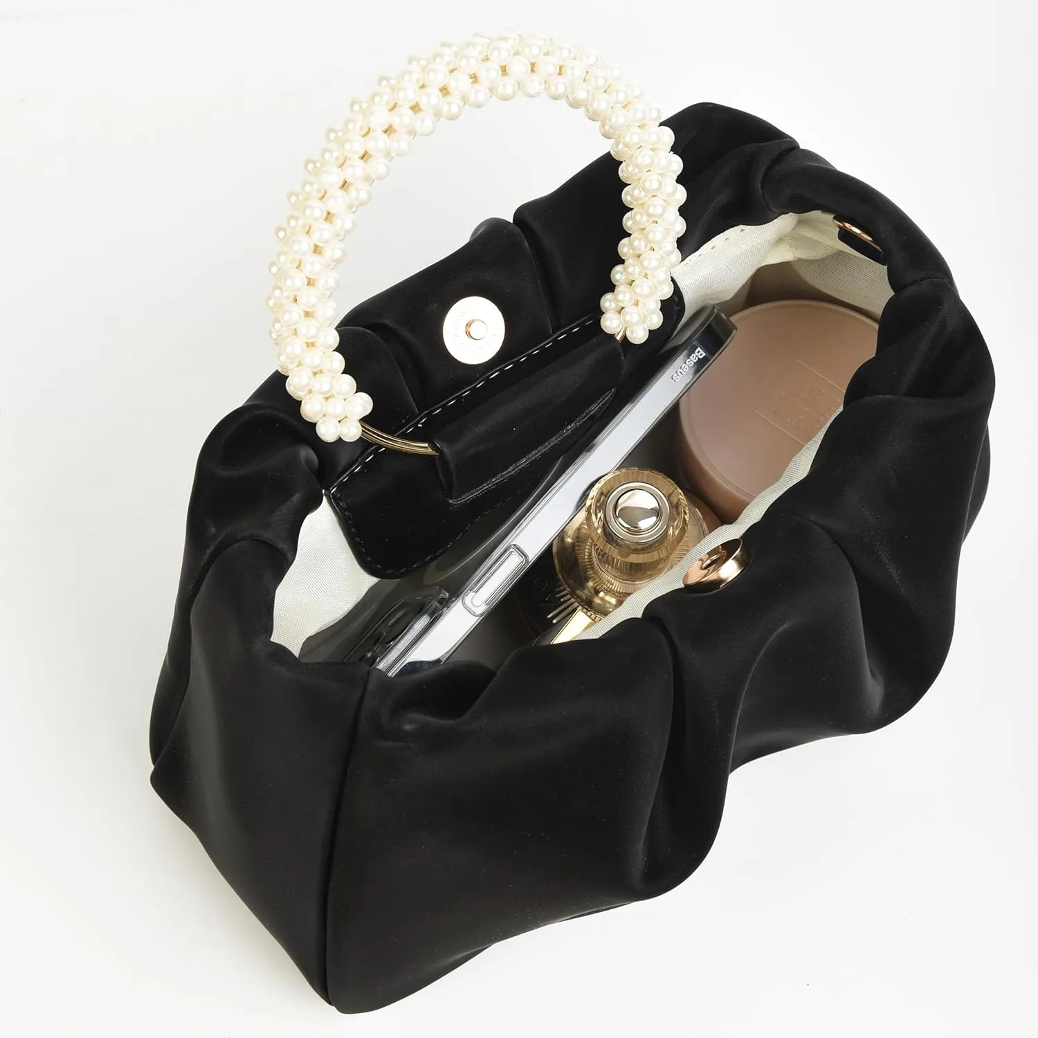 Evening Clutch Purse for Women Pearl Ruched Shoulder Bag Soft Genuine Leather Crossbody Bag for Wedding