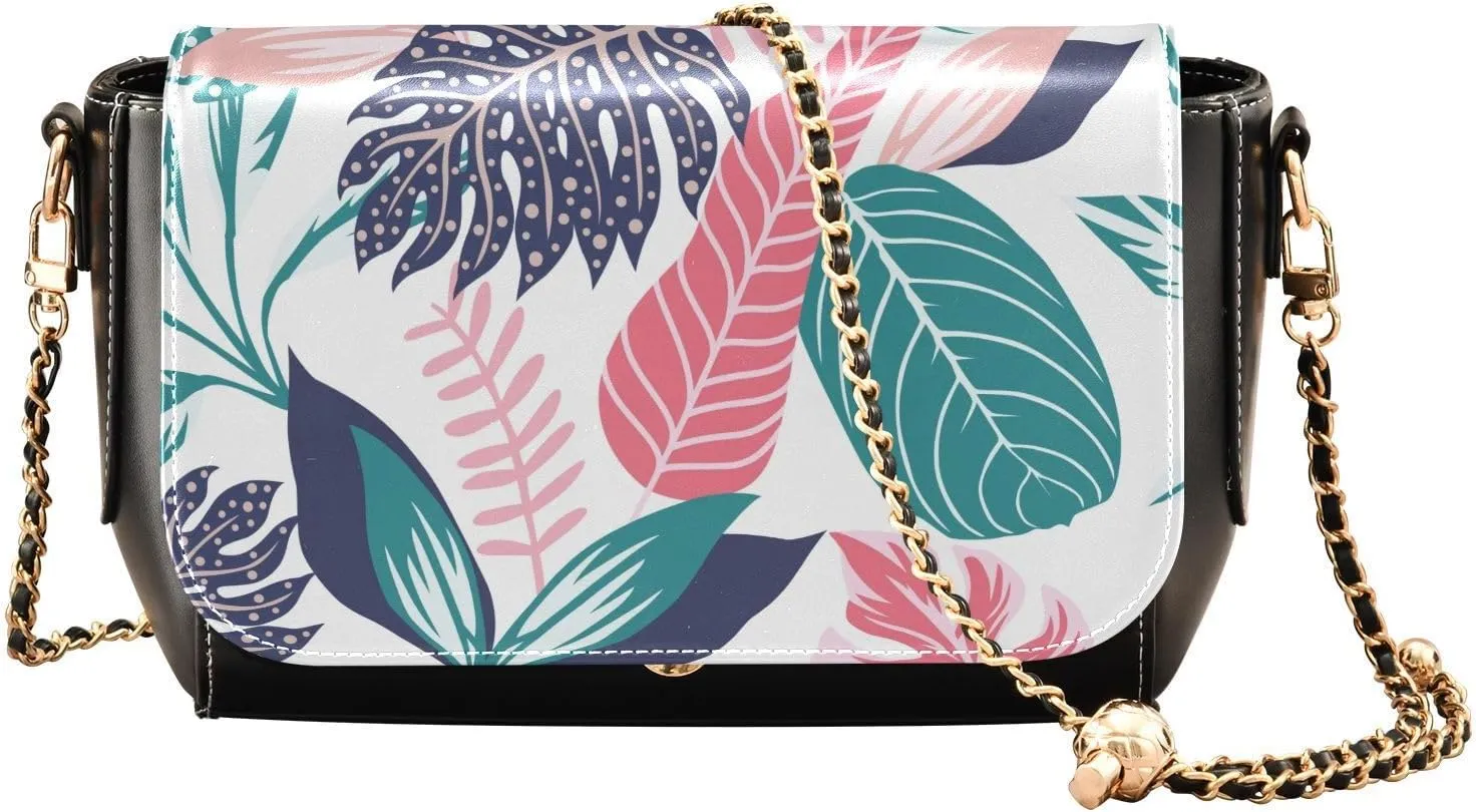 Exotic Tropical Leaves Crossbody Bags for Women, Trendy Small Shoulder Bag, PU Leather Clutch Purse Underarm Handbag Satchel HandBag with Adjustable Metal Chain