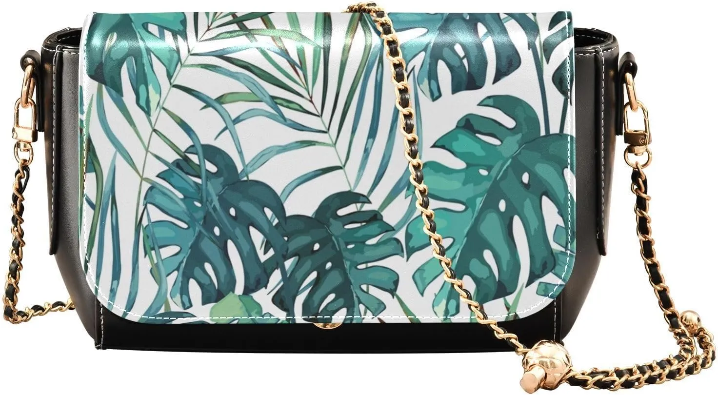 Exotic Tropical Palm Leaves Crossbody Bags for Women, Trendy Small Shoulder Bag, PU Leather Clutch Purse Underarm Handbag Satchel HandBag with Adjustable Metal Chain