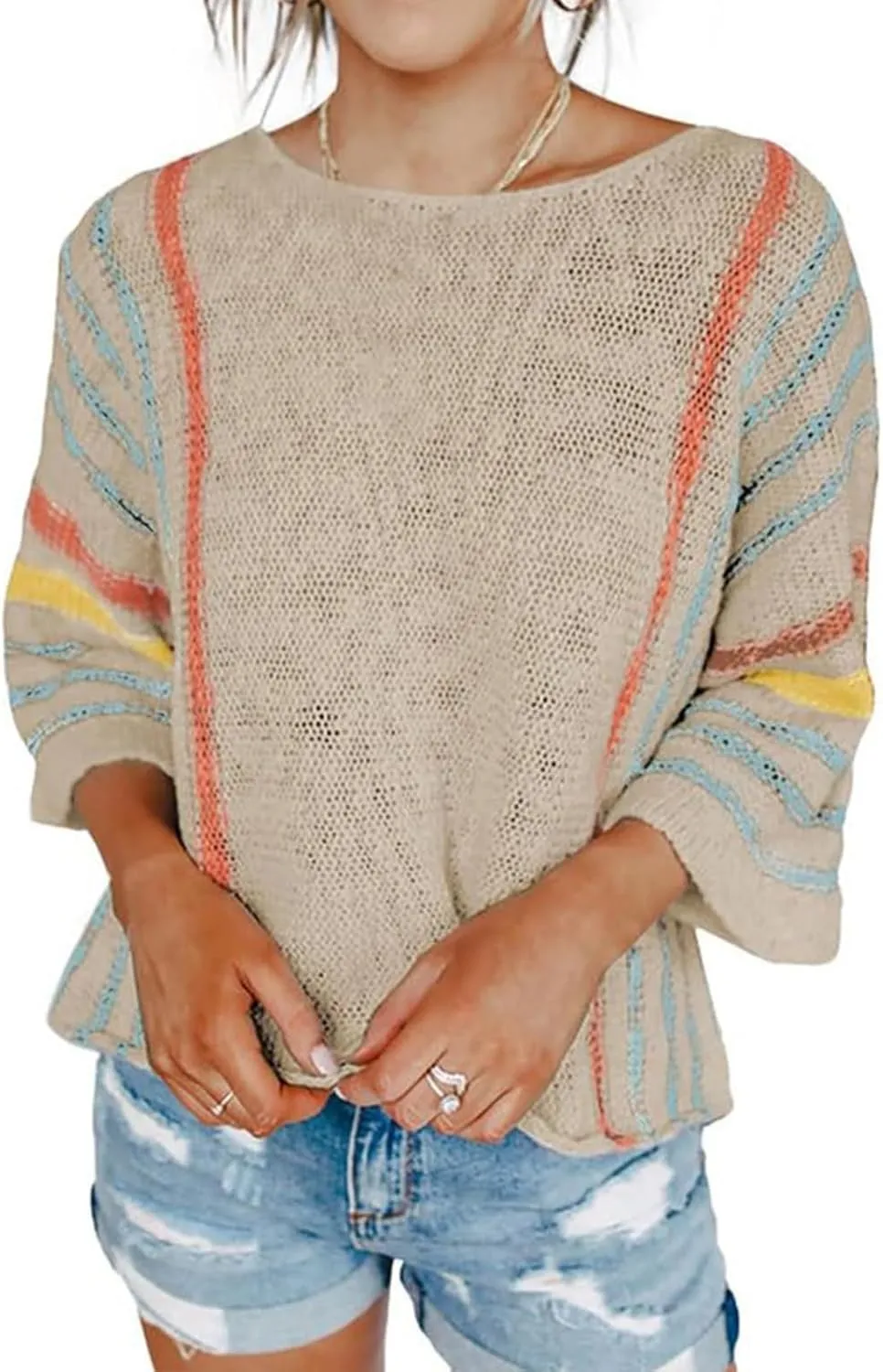 Fall Sweater for Women Casual Color Block Shirts Lightweight 3/4 Sleeve Pullover Knit Tops Crewneck Sweatshirts