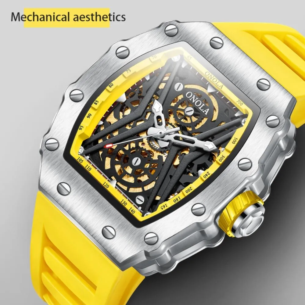 Fashion Sports Automatic Mechanical Watches Men Waterproof Silicone Strap Watch Unique Hollow Out Skeleton Dial Luminous Wristwatch