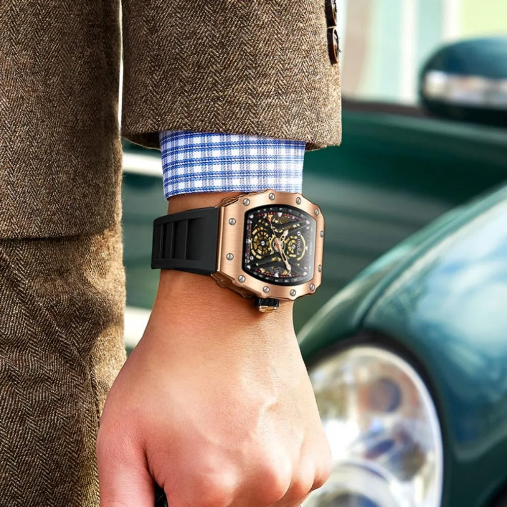Fashion Sports Automatic Mechanical Watches Men Waterproof Silicone Strap Watch Unique Hollow Out Skeleton Dial Luminous Wristwatch