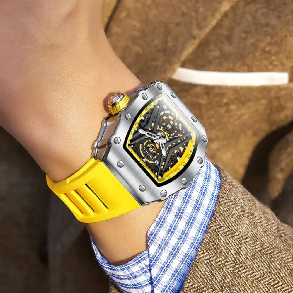 Fashion Sports Automatic Mechanical Watches Men Waterproof Silicone Strap Watch Unique Hollow Out Skeleton Dial Luminous Wristwatch