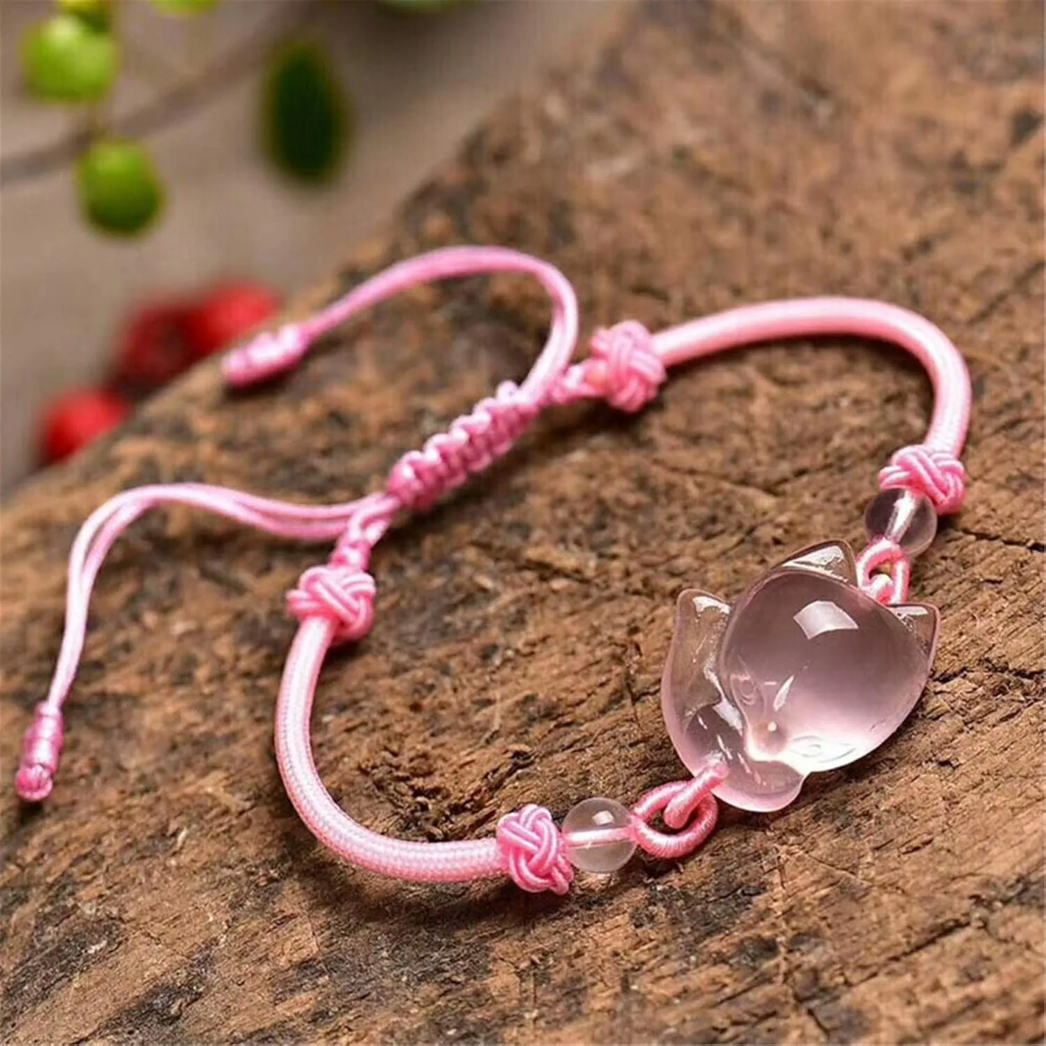 Feng Shui Wealth Amulet Bracelet Natural Pink Rose Quartz Crystal Fox Woven Bracelet Pineapple Knot Adjustable Talisman for Prosperity Money Good Luck