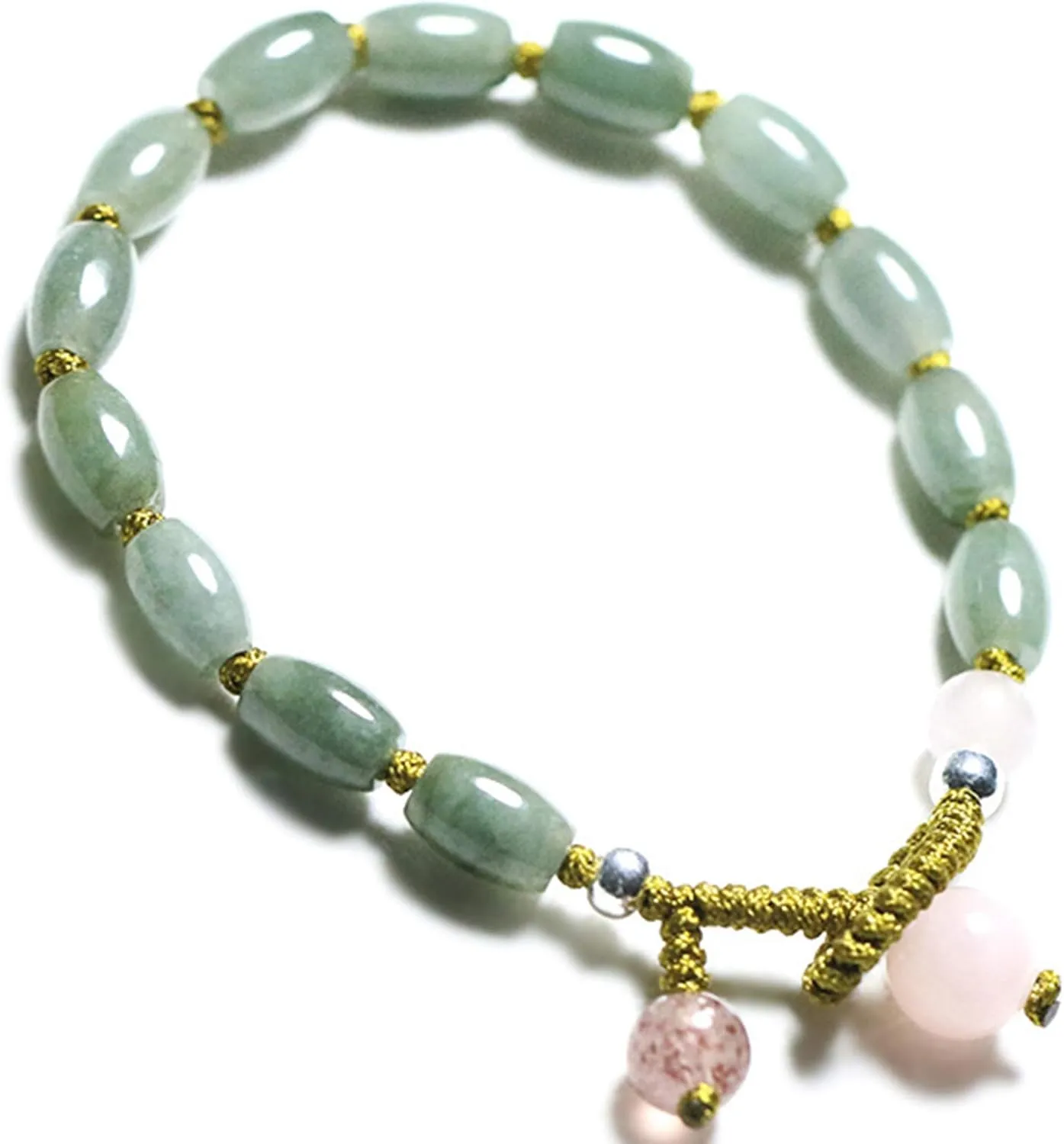 Feng Shui Wealth Jade Bracelet for Women Natural Jade Barrel Beads Strawberry Quartz Rose Quartz Bead Woven Bracelet Adjustable Strong Talisman for Protection Amulet Attracts Money Luck