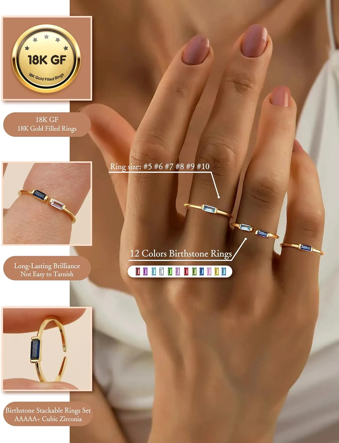 FIASASO 3Pcs Dainty Birthstone Rings for Women Mother - 18K Gold Plated Stackable Birth Stone Ring Non Tarnish Adjustable Green Gem Stone Stacking Rings Set