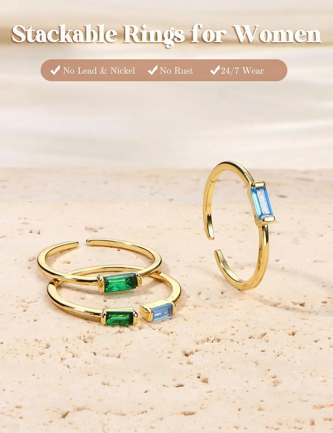 FIASASO 3Pcs Dainty Birthstone Rings for Women Mother - 18K Gold Plated Stackable Birth Stone Ring Non Tarnish Adjustable Green Gem Stone Stacking Rings Set