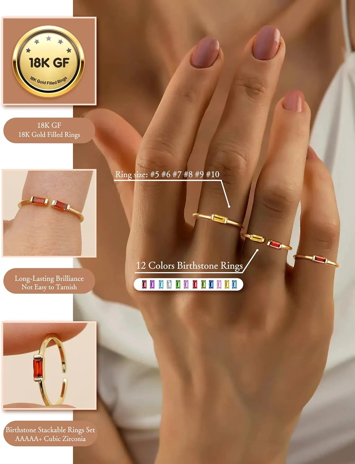 FIASASO 3Pcs Dainty Birthstone Rings for Women Mother - 18K Gold Plated Stackable Birth Stone Ring Non Tarnish Adjustable Green Gem Stone Stacking Rings Set