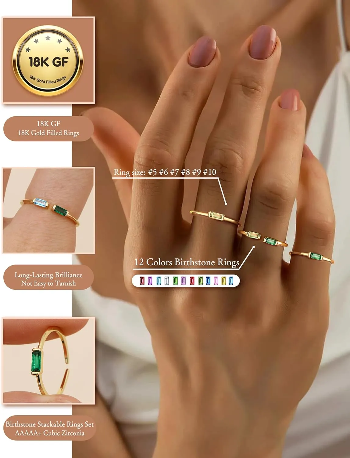 FIASASO 3Pcs Dainty Birthstone Rings for Women Mother - 18K Gold Plated Stackable Birth Stone Ring Non Tarnish Adjustable Green Gem Stone Stacking Rings Set