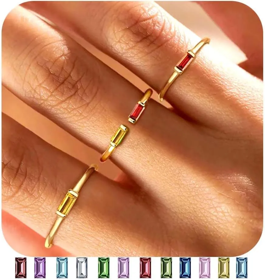 FIASASO 3Pcs Dainty Birthstone Rings for Women Mother - 18K Gold Plated Stackable Birth Stone Ring Non Tarnish Adjustable Green Gem Stone Stacking Rings Set